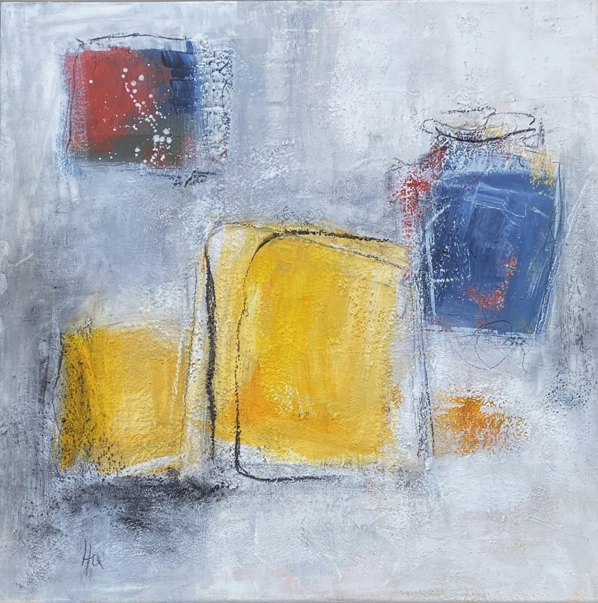Gelbe Quadrate und ein blaues Feld auf hellgrauem Grund